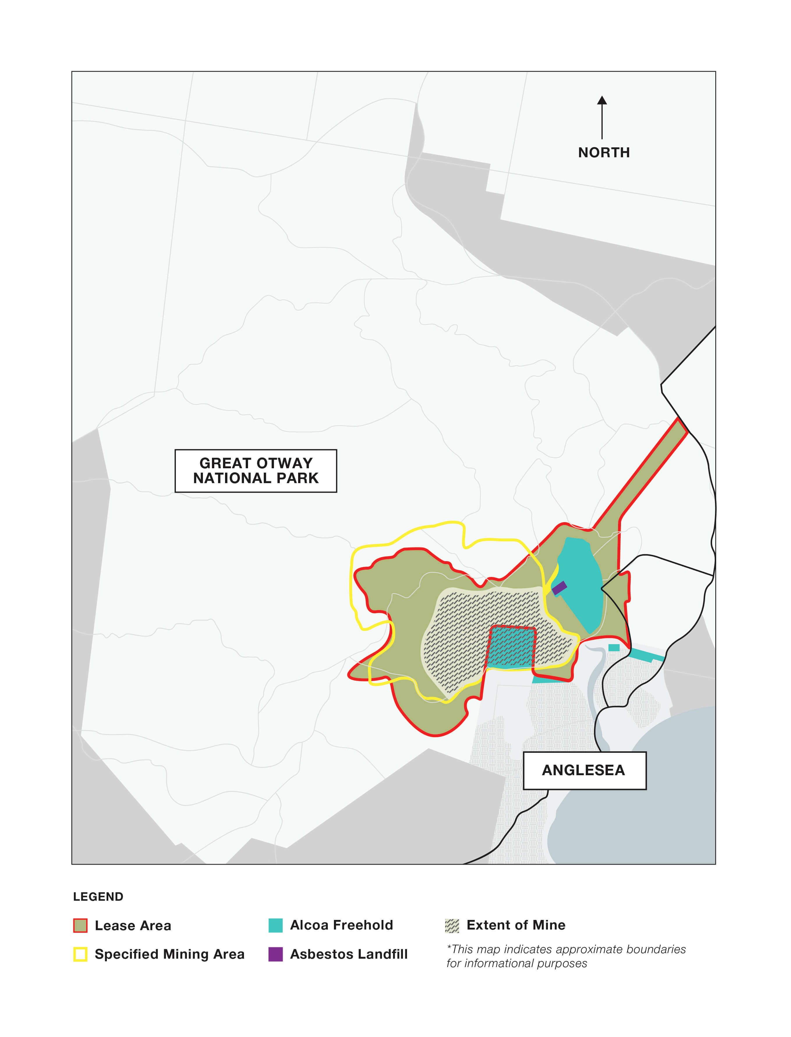 Map of the Anglesea area, including Great Otway National Park. The map highlights where Alcoa’s lease area is as well as the specified mining area and the freehold and asbestos landfill within.